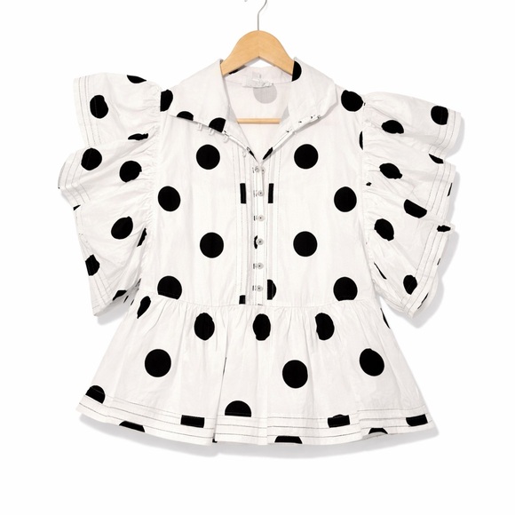 NWOT!! BUCKETLIST 100% Cotton Ruffled Short Sleeve White/Black Polka Dot Blouse - Picture 2 of 7